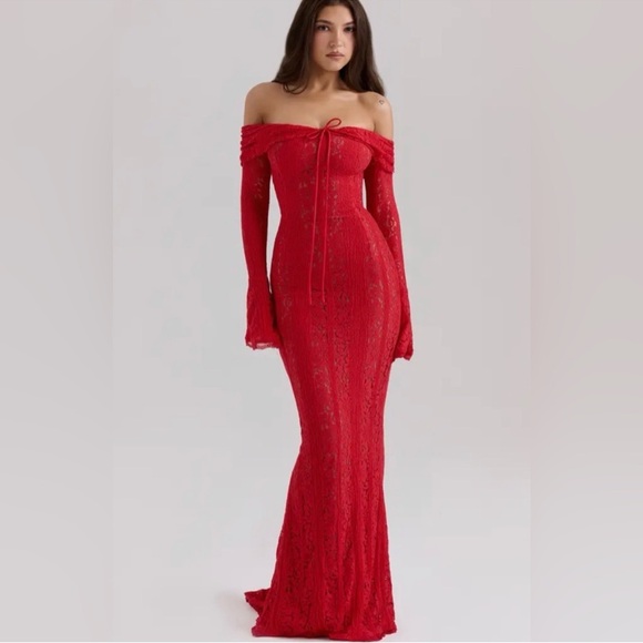 House of CB Dresses & Skirts - House of CB Belle Red Off Shoulder Floral Lace Maxi Dress